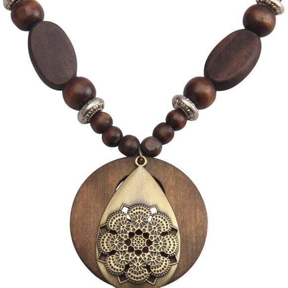 Jewelry - Boho Necklaces for Women Long Wooden Pendant Vintage Necklace Sweater Chain Neck